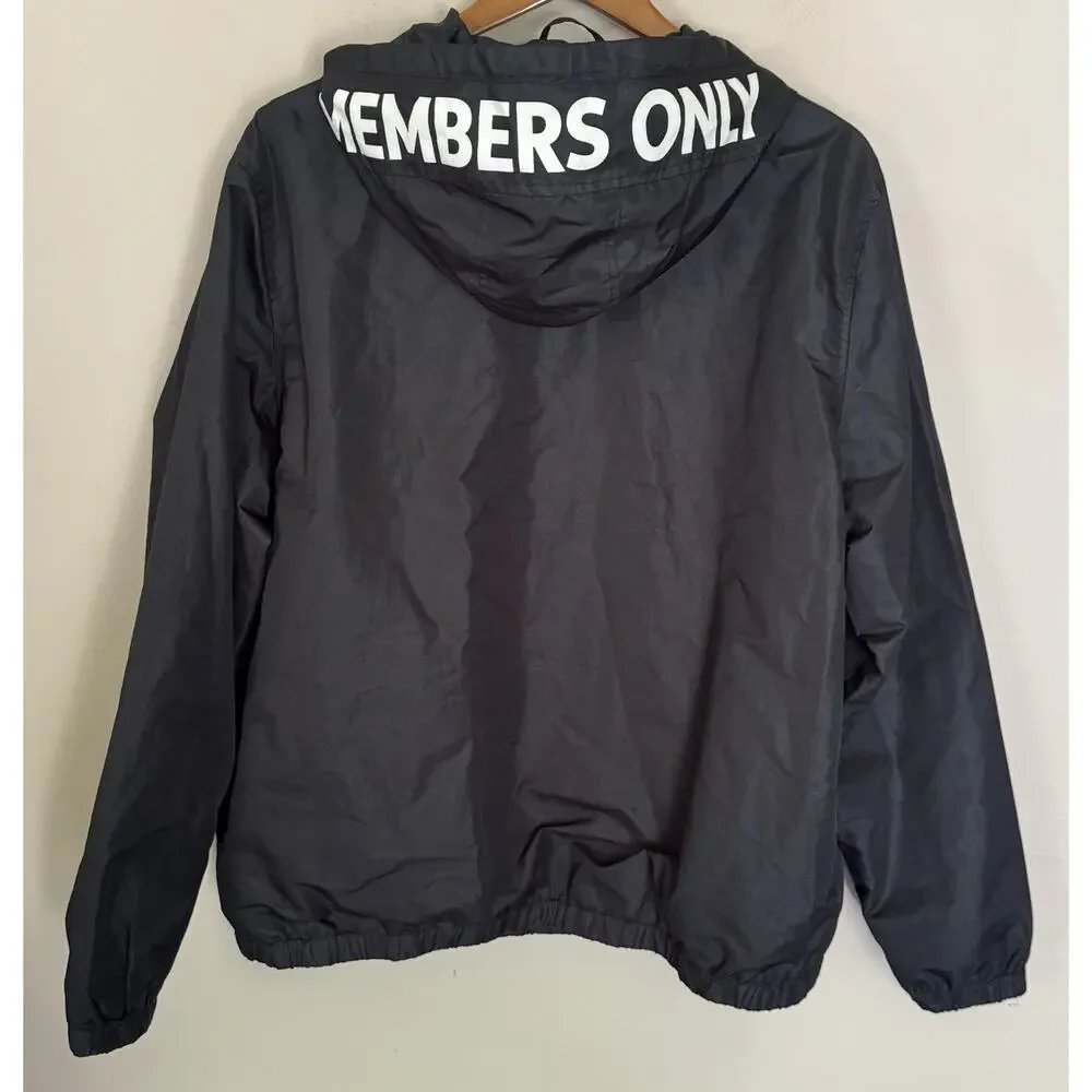 Members Only Black Anorak Windbreaker Jacket with Hood Logo Spellout XL